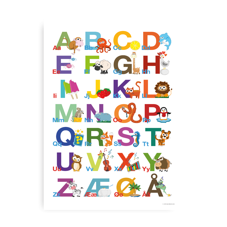 Alfabet Plakat Farverige - Sde Dyr 20x30 Cm. Inkl. Sort Plakatophng