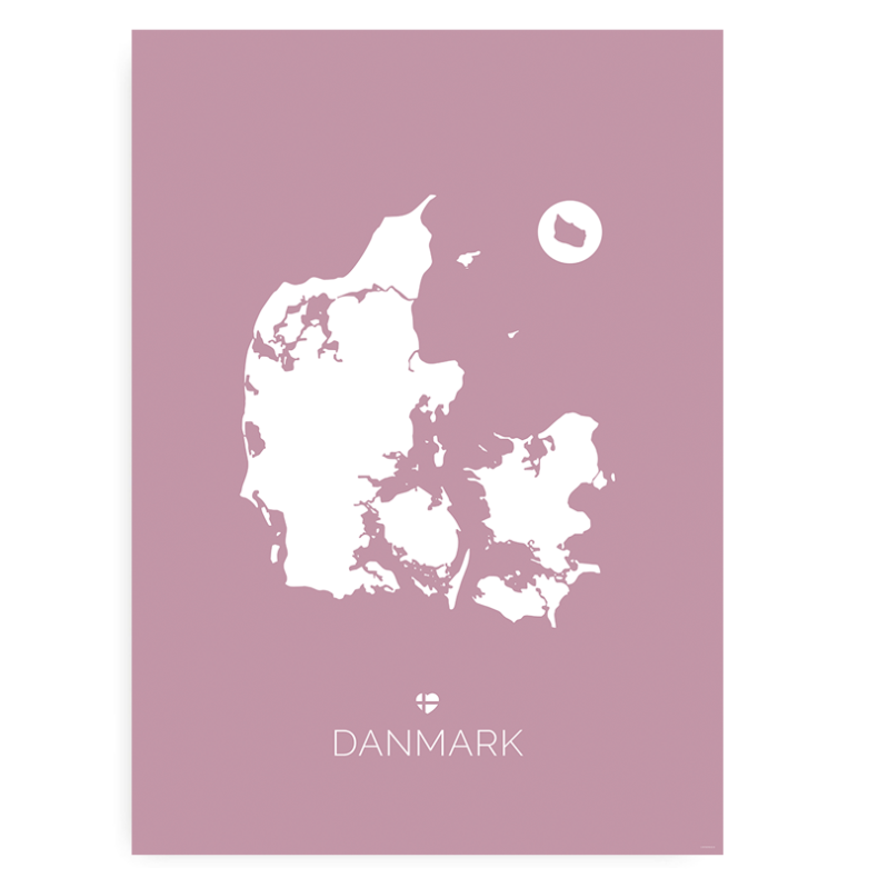 Danmarkskort - Hvid På Rosa