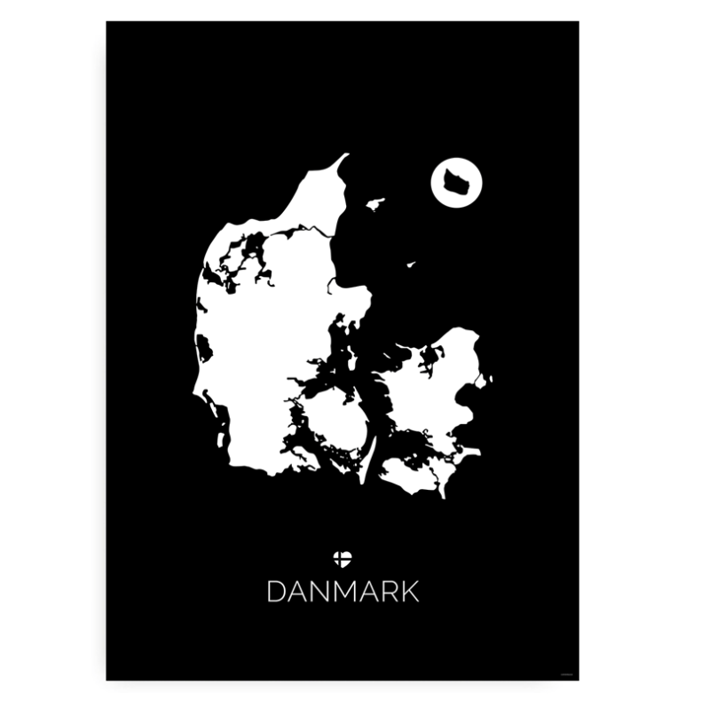 Danmarkskort - Hvid På Sort