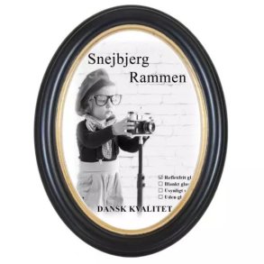 Snejbjerg Oval Ramme Sort Med Guld 13x18 Cm. Refleksfrit Glas