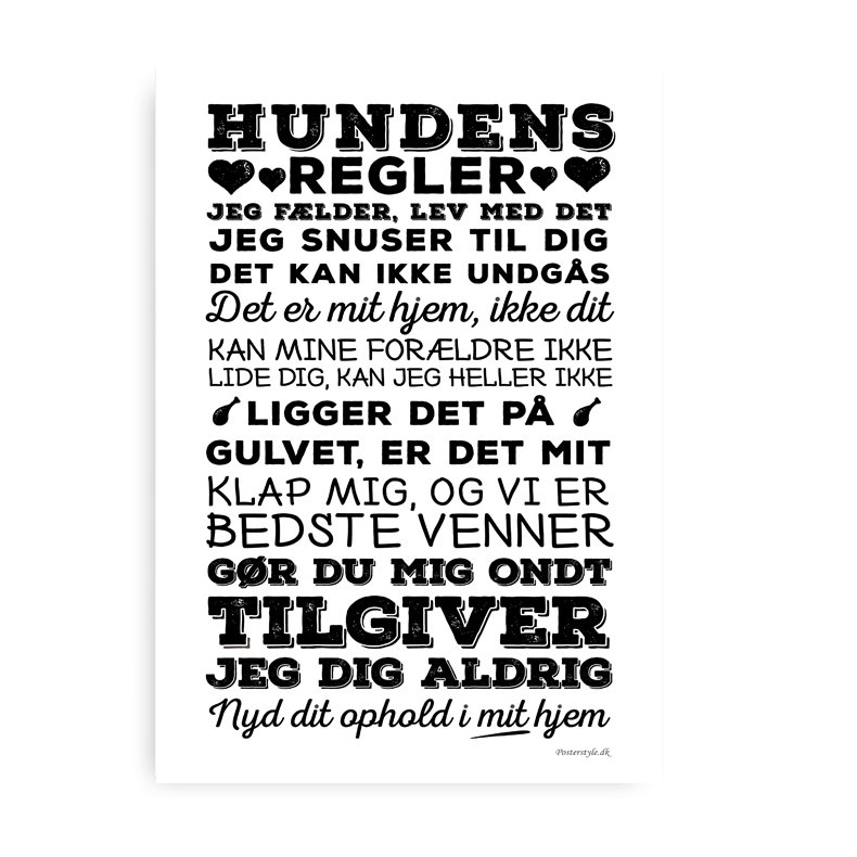 Hundens Regler Sort Hvid 20x30 Cm. Inkl. Sort Plakat Ophng